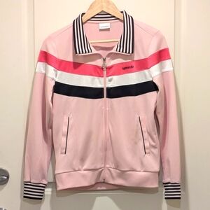 EUC Speedo M Pink Black and White Striped Athletic Sweater